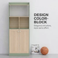 HOMCOM Bibliothèque à 5 niveaux, meuble de rangement, étagère à livres avec 2 portes, 60 x 30 x 161,2 cm vert et bois naturel(m-5)