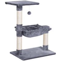 PawHut Tiragraffi per Gatti Multilivello con Amaca e Pallina, Legno e Peluche, 50x36x70cm, Grigio(m-1)