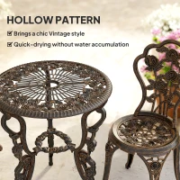 Outsunny Garden Bistro Set with Umbrella Hole, 3 Piece Cast Aluminium Garden Furniture Set, Antique Floral Round Coffee Table and Chairs, Small Balcony Furniture for Outdoor, Patio, Brown Tone(m-5)