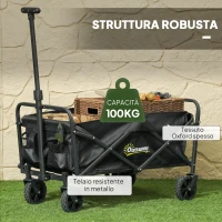 Outsunny Carrello da Giardino 62L Pieghevole con Maniglia Regolabile, in Metallo e Tessuto Oxford, 76x48x86 cm, Nero(m-5)