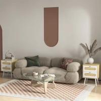 HOMCOM Noptiera, Noptiera Mica cu 2 Sertare, Element de Ratan si Picioare din Lemn, Masa Laterala Boho pentru Dormitor, Camera de Zi, Stejar(m-6)