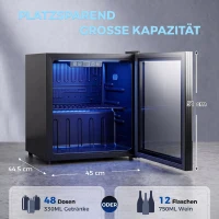 HOMCOM 50 L Getränkekühlschrank, Kühler für 48 Dosen mit Doppelglas-Tür, verstellbar Regal, LED-Beleuchtung Schwarz(m-3)