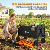 Outsunny Carrello da Giardino da 180L Pieghevole con Pannello Apribile, in Acciaio e Poliestere, 90x48x62 cm, Nero(m-4)