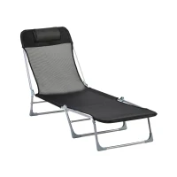 Outsunny Bain de soleil transat chaise longue inclinable pliable avec oreiller dossier réglable sur 5 niveaux noir(m-1)