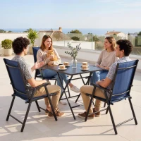 Outsunny Folding Garden Chairs Set of 4, Foldable Garden Dining Chairs with High Back, Armrests, Texteline Seat, Navy Blue(m-9)