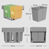 HOMCOM Cubo de Basura Extraíble bajo Fregadero con 2 Contenedores Capacidad Total 30L (15Lx2) Fijación Inferior Gris Claro(m-3)