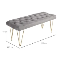 HOMCOM Banco Estofado Banco Piano Banco para Sapatos com Aparência Aveludada Banco de Cama Banco de Piano para Quarto Sala Corredor Metal 116x44,5x49 cm Cinza(m-3)