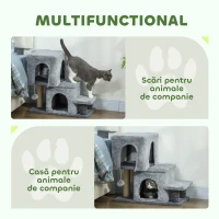PawHut Scară pentru Pisici cu 4 Trepte Reglabilă pe Înălțime, cu 2 Căsuțe, Stâlp de Zgâriat și Biluță, Gri(m-5)