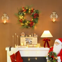 HOMCOM Ghirlandă de Crăciun de 60 cm cu lumini LED albe, timer, conuri, boabe și frunze de ilex, verde(m-2)