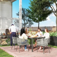 Outsunny Rattan Dining Set, 6 Seater Rattan Garden Furniture Set with Acacia Wood Top Rectangle Table, 6 Chairs, Washable Seat Cushions, for Outdoor, Patio, Conservatory, Grey(m-10)