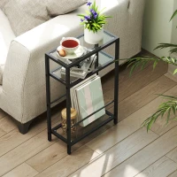 HOMCOM 3-Tier Side Table, Narrow End Table with Storage Shelf and Tempered Glass Tabletop for Small Spaces, Black(m-7)