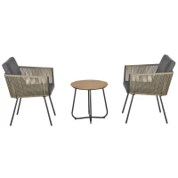 Outsunny Conjunto de Muebles de Jardín Juego de 3 Piezas Muebles de Ratán 1 Mesa Redonda y 2 Sillas Butaca con Cojines Acolchados para Balcón Terraza Acero Caqui y Gris(m-12)