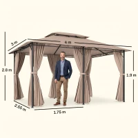 Outsunny Gazebo da Giardino 4x3m con Doppio Tetto e Tende Laterali in Acciaio e Poliestere, Color Cachi(m-3)