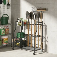 Outsunny Organisateur d'Outils de Jardin en Acier à 3 Niveaux, 32 Emplacements, 4 Roues, 11 Crochets, 104x40x95cm, Noir(m-9)