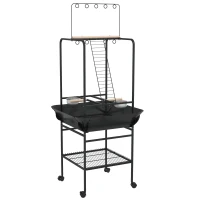PawHut Aire de jeu sur roulettes pour oiseaux 3 perchoirs en bois 1 échelle 2 mangeoires en inox 155 cm gris foncé(m-1)
