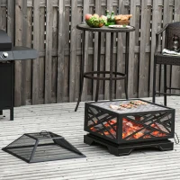 Outsunny Metal Firepit Outdoor 2 in 1 Square Fire Pit Brazier w/ Grill Shelf, Lid, Poker for Backyard, Camping, BBQ, Bonfire, Wood Burning Stove, 66 x 66 x 66cm, Black(m-2)