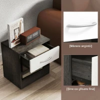 HOMCOM Set de 2 Noptiere Moderne cu Raft Deschis și Sertar, din Lemn, 39x28x41 cm, Alb și Gri Închis(m-7)