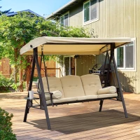 Outsunny Balancelle de Jardin 3 Places Grand Confort Toit Inclinaison réglable Coussins Plateaux rétractables Polyester filé Beige(m-2)