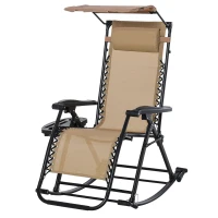 Outsunny Garden Rocking Chair Folding Recliner Outdoor Adjustable Sun Lounger Rocker Zero-Gravity Seat with Headrest Side Holder Patio Deck - Beige(m-10)