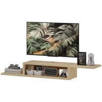 HOMCOM Meuble TV mural flottant suspendu support TV - étagère murale flottante - niche, passe-fils - chêne clair(m-11)