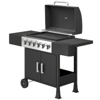 Outsunny Barbacoa de Gas con 6 Quemadores Termómetro Parrilla Mesas Laterales Armario y Ruedas 135x51x101 cm Negro(m-11)