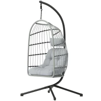 Outsunny Hanging Egg Chair, Indoor Outdoor Hammock Swing Chair with Stand, Safety Strap, Foldable Basket, Light Grey(m-15)