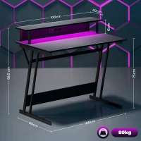 HOMCOM Escritorio Gaming con Luces LED 100x60 cm omas de Corriente Soporte para Monitor Estantes y Control Remoto Negro(m-3)