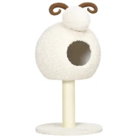 HOMCOM Kratzbaum für Katzen, Schafdesign inkl. Katzenhöhle u. Kratzstamm, waschbares Kissen, Cremeweiß + Braun(m-1)