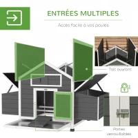 PawHut Poulailler en bois accueillant 4 poules, cage à poules avec pondoir, toit imperméable ouvrable, tiroir amovible, gris(m-5)