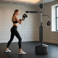 HOMCOM Sac de Box Reglabil 4 în 1 cu 2 Speedball-uri, Bară Rotativă și Sac de Box, Înălțime Reglabilă 160-230cm, Negru(m-10)