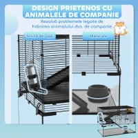 PawHut Cușcă pentru Hamsteri cu 3 Niveluri cu Bază din Sticlă Temperată, Roată și Accesorii, 76,5x48,5x54,5 cm, Negru(m-5)