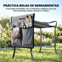 Outsunny Taburete de Jardín Plegable con Almohadilla de Espuma EVA Asiento de Jardín 2 en 1 con Bolsa para Herramientas(m-6)