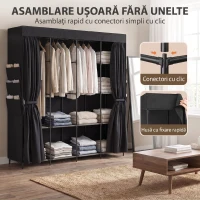 HOMCOM Dulap Textil Compact cu 5 Bare, 4 Rafturi, 6 Buzunare Laterale, Uși Antipraf cu Fermoar, Negru(m-7)