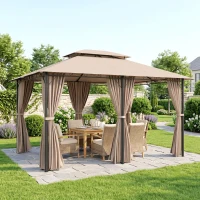 Outsunny Gazebo da Giardino 4x3m con Doppio Tetto e Tende Laterali in Acciaio e Poliestere, Color Cachi(m-2)
