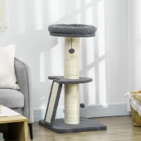 PawHut Arbre à chat avec griffoir tronc en sisal boules suspendues et plate-forme d'observation hauteur 92 cm - gris(m-10)