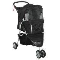 PawHut Dog Stroller, 3 Wheels Foldable Cat Dog Pram with Cup Holder, Storage Basket, Pet Stroller for Small Miniature Dogs, Black(m-1)