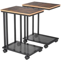 HOMCOM C Shaped Side Table Set of 2 with Wheels, Mobile End Table, Laptop Stand with Metal Frame and Storage Shelf, Rustic Brown(m-1)