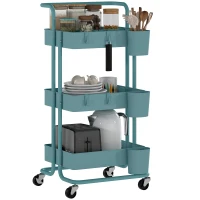 HOMCOM Chariot à 3 niveaux desserte avec 4 crochets et 3 boîtes suspendues amovibles pour 42 x 38 x 86,5 cm bleu-vert(m-11)
