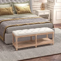 HOMCOM 2-Tier Bed End Bench, Vintage Stool, Wooden Window Seat with Storage Shelf, Button Tufted Upholstered Footstool for Living Room, Bedroom, Entryway, Cream White(m-2)