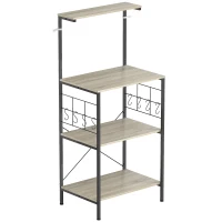 HOMCOM Estante de cozinha, suporte para micro-ondas, com painel gradeado, 8 ganchos, 60 x 42 x 134,5 cm, carvalho(m-1)