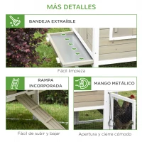 PawHut Gallinero Exterior de Madera de Abeto Jaula para Gallinas Pollos con Zona Abierta Ponedero Barras Bandeja Extraíble y Rampa 167,5x109x100 cm Color Natural y Blanco(m-7)
