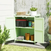 Outsunny Wooden Garden Shed, Garden Tool Storage Shed with Hinged Roof and Shelf, Outdoor Storage Cabinet with Double Doors, Light Green(m-8)