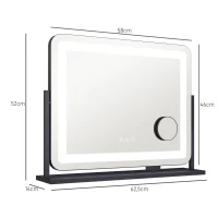 HOMCOM Espelho LED Iluminado Intensidade Ajustável 3 Modos de Iluminação Ampliação 10X Porta de Carregamento USB Controle por Toque 62,5x52 cm(m-3)
