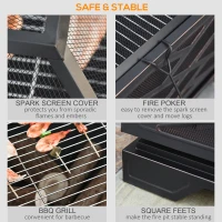 Outsunny Metal Firepit Outdoor 2 in 1 Square Fire Pit Brazier w/ Grill Shelf, Lid, Poker for Backyard, Camping, BBQ, Bonfire, Wood Burning Stove, 66 x 66 x 66cm, Black(m-7)