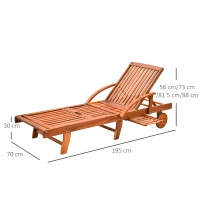 Outsunny Folding Wooden Sun Lounger, 4-Level Adjustable Garden Lounger Recliner with Side Tray and Wheels, Outdoor Reclining Sunbed with Slatted Seat and Armrests for Patio, Terrace, Teak(m-3)