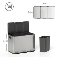 HOMCOM Coș de Gunoi cu 3 Compartimente de 20L cu Închidere Silențioasă, din Oțel Inoxidabil și PP, 61.9x36.6x56.7 cm(m-3)
