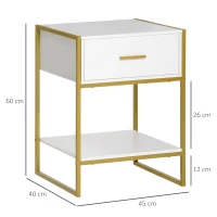 HOMCOM 2er-Set Nachttische, 1 Schublade, 1 Regal, 45 cm x 40 cm x 60 cm, Weiß + Gold(m-3)