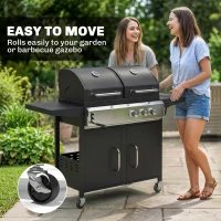 Outsunny 2+1 Burner Hybrid Dual Fuel BBQ Gas Grill, 2-in-1 Propane & Charcoal Barbecue Grill Smoker Combo with Wheels, Black(m-9)