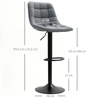 HOMCOM Moderner Barhocker, 2er-Set drehbare Barstühle mit Rückenlehne, höhenverstellbar, mit Fußstütze, gepolstert, Dunkelgrau(m-3)