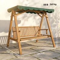 Outsunny Balancelle de Jardin 3 Places Toit imperméabilisé 2 tablettes Support 1,95L x 1,33l x 1,86H m Charge Max. 360 Kg Bois de pin Vert(m-3)